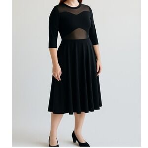 Norma Kamali Black Mesh Inset Fit Flare Midi Dress Women L Stretch Cocktail Chic